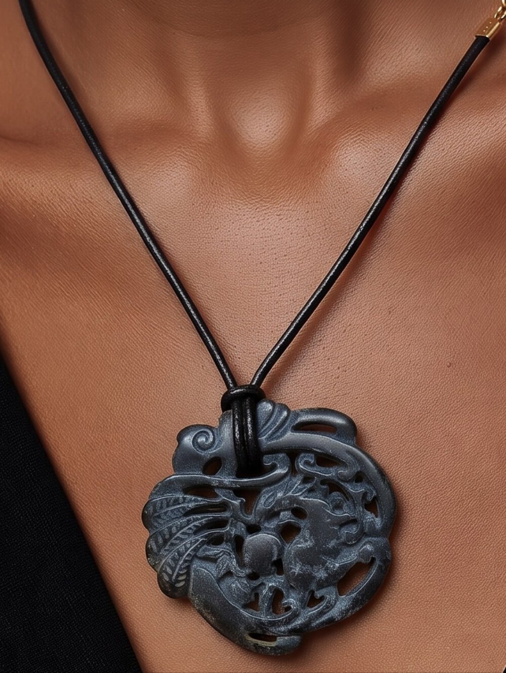 Hand-Carved Black Dragon Pendant Necklace - Women Jewelry